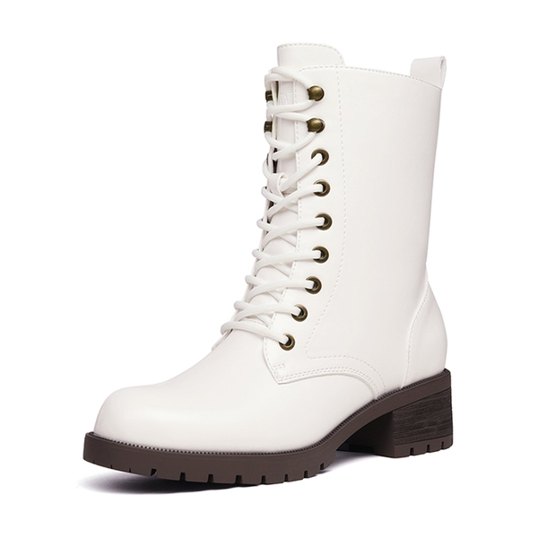 Mid Calf Chunky Lace Up Boots - WHITE PU -  0